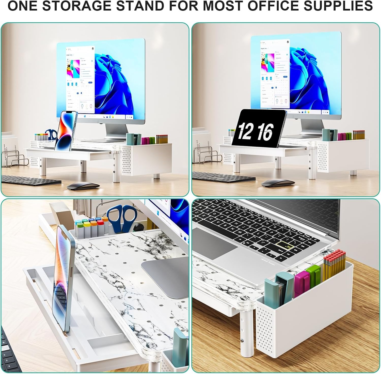 image:imageWALI Computer Monitor Stand for Desk Adjustable Laptop Riser Desk Monitor Stand Underneath Storage for Office School Supplies PTT001M 1 Pack MarbleMarble