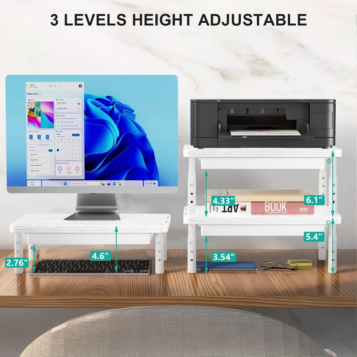 image:imageWALI Computer Monitor Stand for Desk Adjustable Laptop Riser Desk Monitor Stand Underneath Storage for Office School Supplies PTT001M 1 Pack MarbleMarble