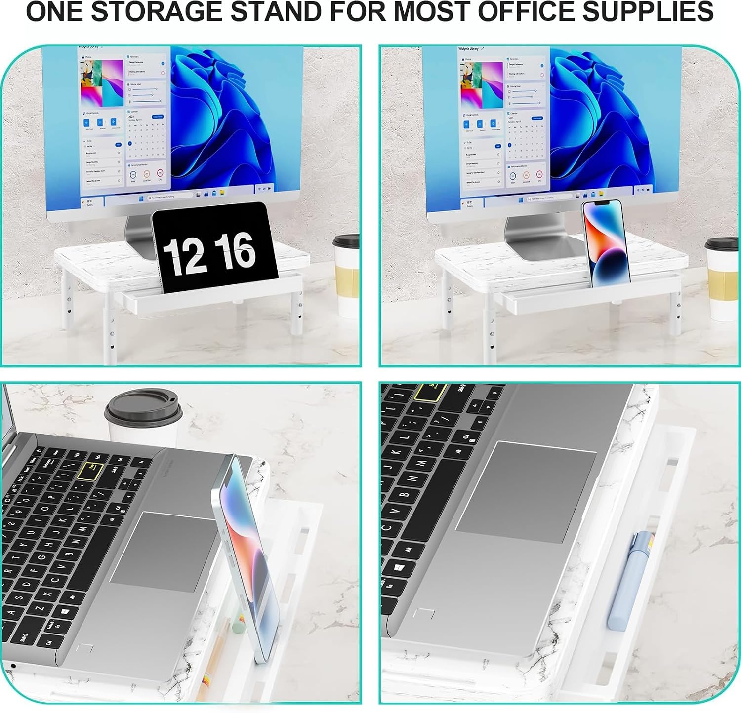 image:imageWALI Computer Monitor Stand for Desk Adjustable Laptop Riser Desk Monitor Stand Underneath Storage for Office School Supplies PTT001M 1 Pack MarbleMarble