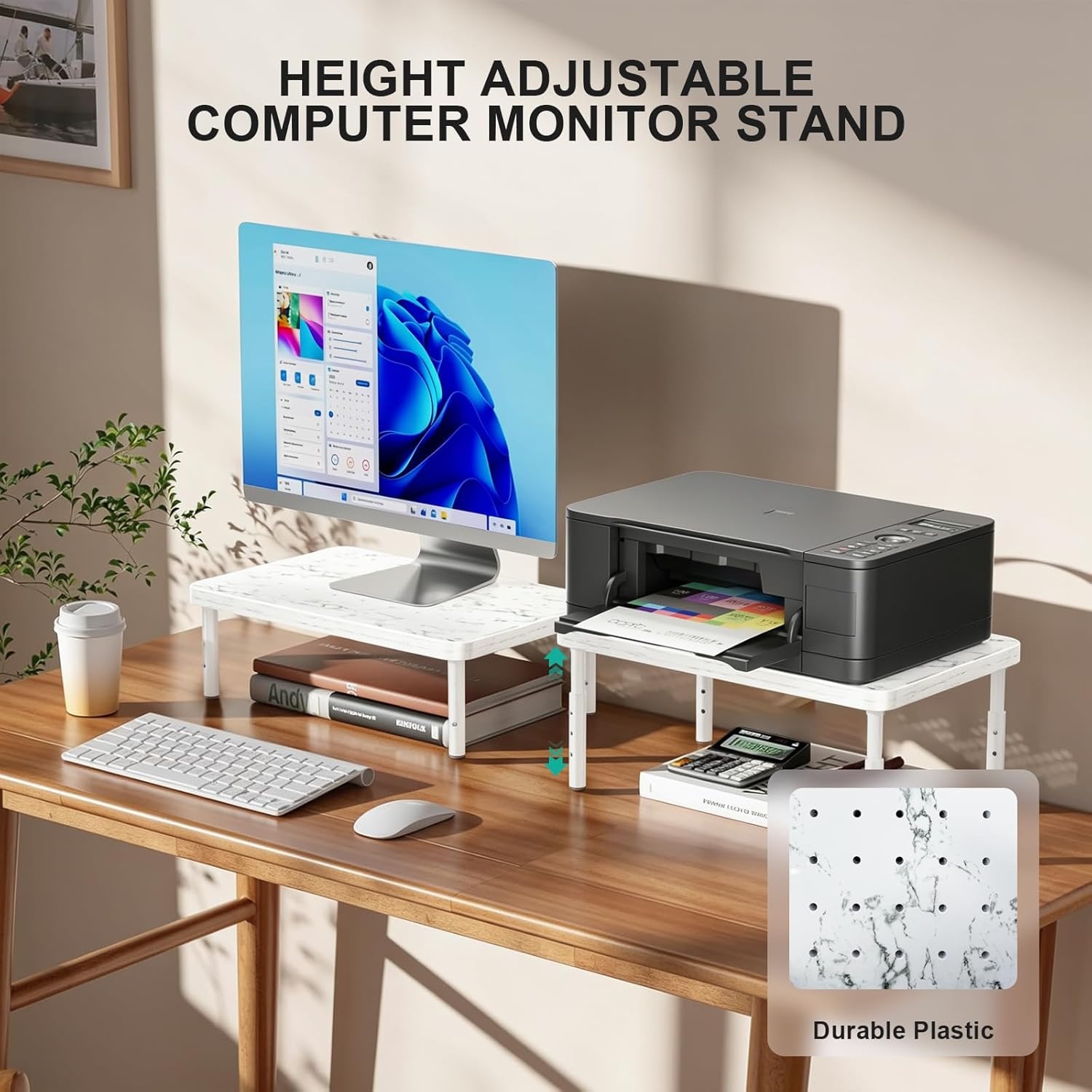 image:imageWALI Computer Monitor Stand for Desk Adjustable Laptop Riser Desk Monitor Stand Underneath Storage for Office School Supplies PTT001M 1 Pack MarbleMarble
