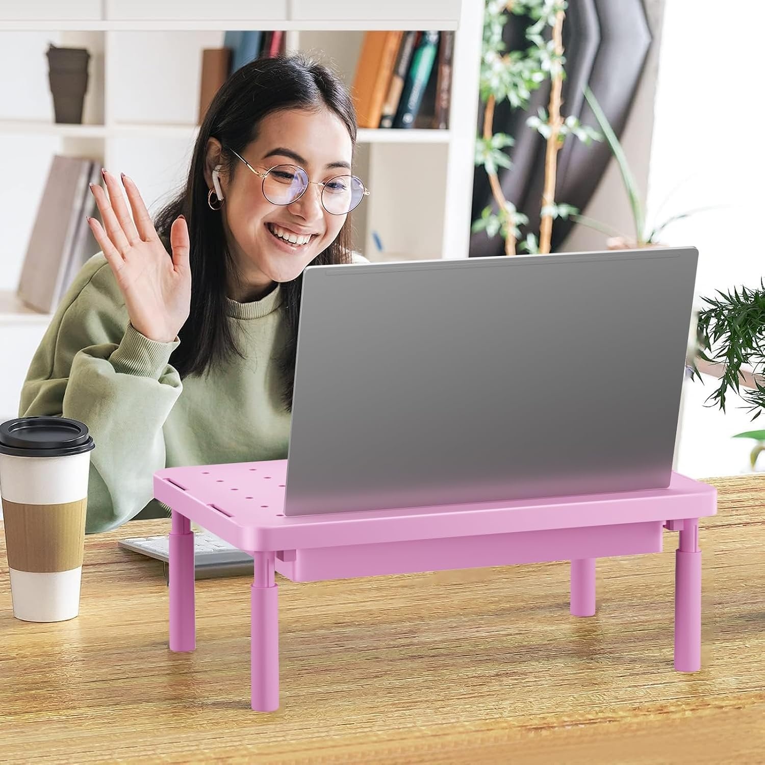 image:imageWALI Computer Monitor Stand for Desk Adjustable Laptop Riser Desk Monitor Stand Underneath Storage for Office School Supplies PTT001M 1 Pack MarblePink