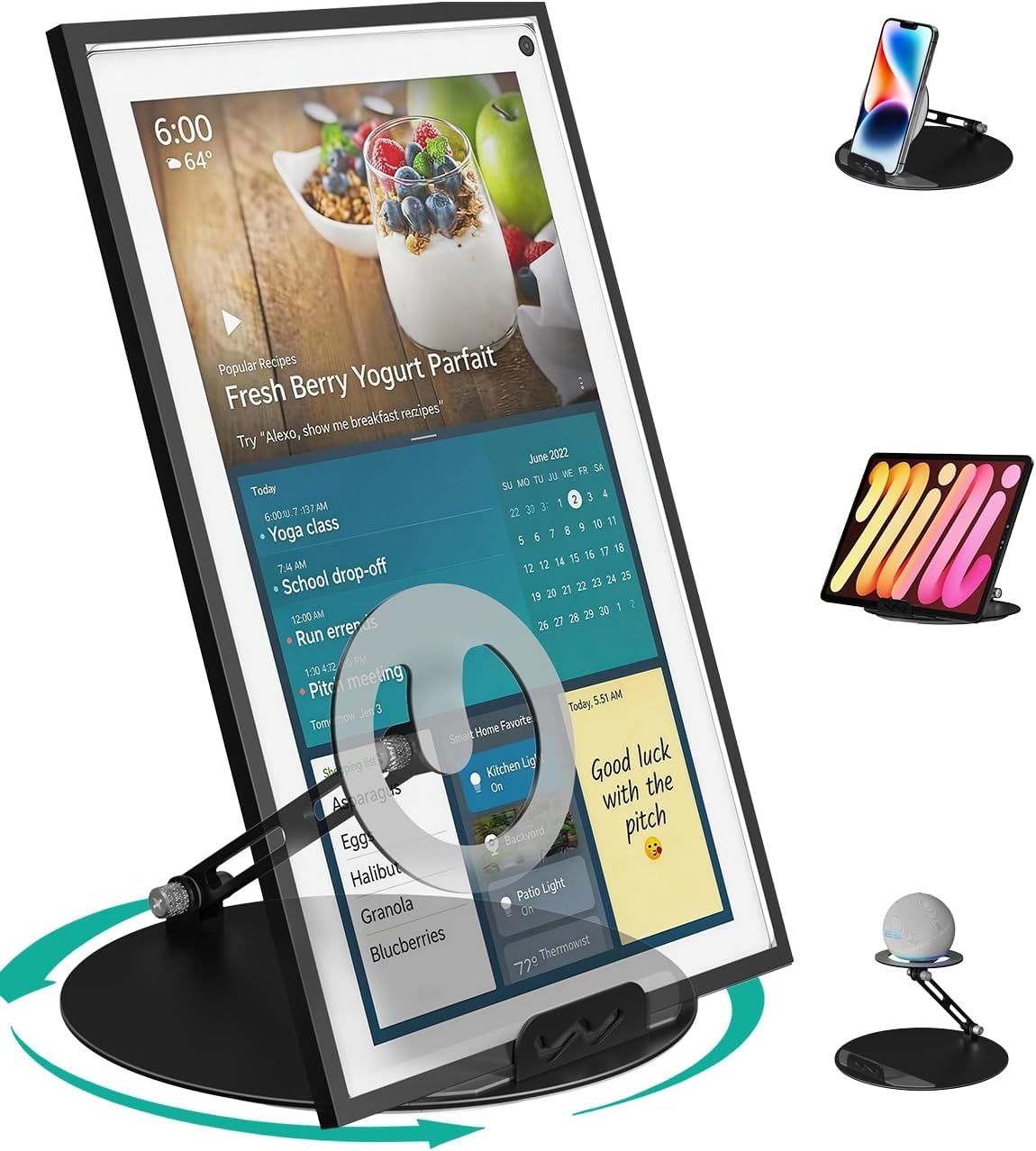image:imageWALI Echo Show 1521 Stand Adjustable Stand for Echo Show 1521 and Up to 18 TabletsPortable Monitors 360 Degrees Rotating Tilt Foldable Show 15 21 Accessories for Kitchen Home Office SilverBlack