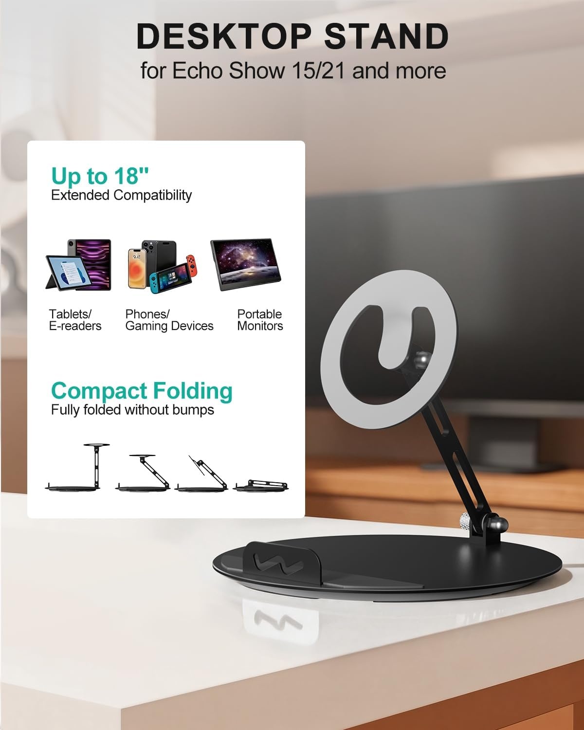 image:imageWALI Echo Show 1521 Stand Adjustable Stand for Echo Show 1521 and Up to 18 TabletsPortable Monitors 360 Degrees Rotating Tilt Foldable Show 15 21 Accessories for Kitchen Home Office SilverBlack