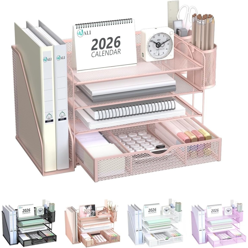 image:imageWALI Desk File Organizer 4 Tier Desktop Paper Letter Tray Organizer with Drawer and 2 Pen Holders Office Desk Accessories amp Workspace Organizers for Office Home School Supplies 1 Pack Rose GoldPink