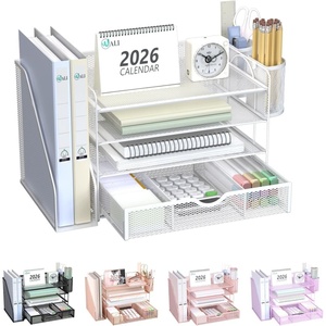 image:imageWALI Desk File Organizer 4 Tier Desktop Paper Letter Tray Organizer with Drawer and 2 Pen Holders Office Desk Accessories amp Workspace Organizers for Office Home School Supplies 1 Pack Rose GoldWhite